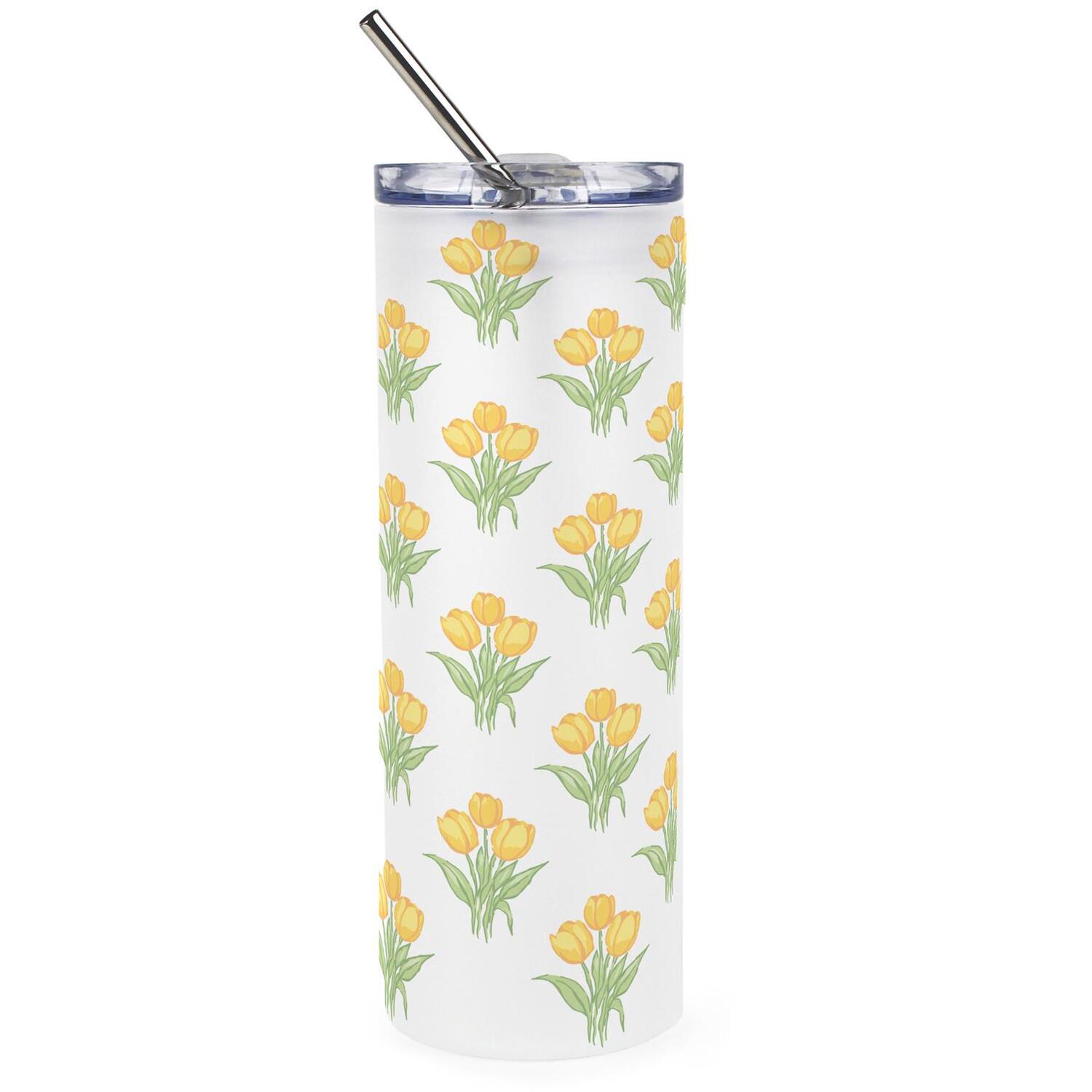 Yellow Tulip Bunch Glass Travel Flask - Reusable Frosted Drinks Cup Gift - Image 2
