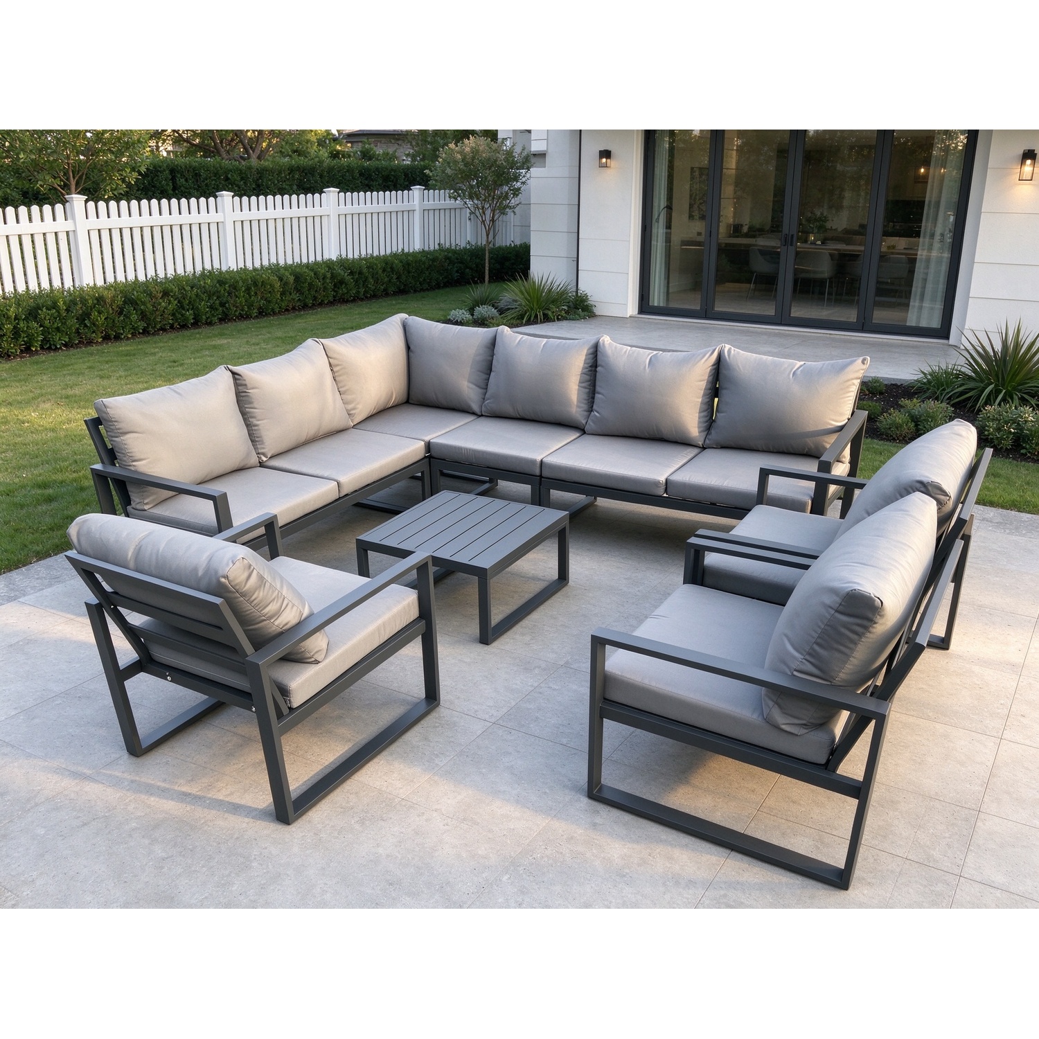 Rackhams Dark/Grey Aluminium Garden Furniture Set Outdoor Lounge Corner Sofa 3 Pcs Chair Square Coffee Table Sets 9 Seater - Image 2