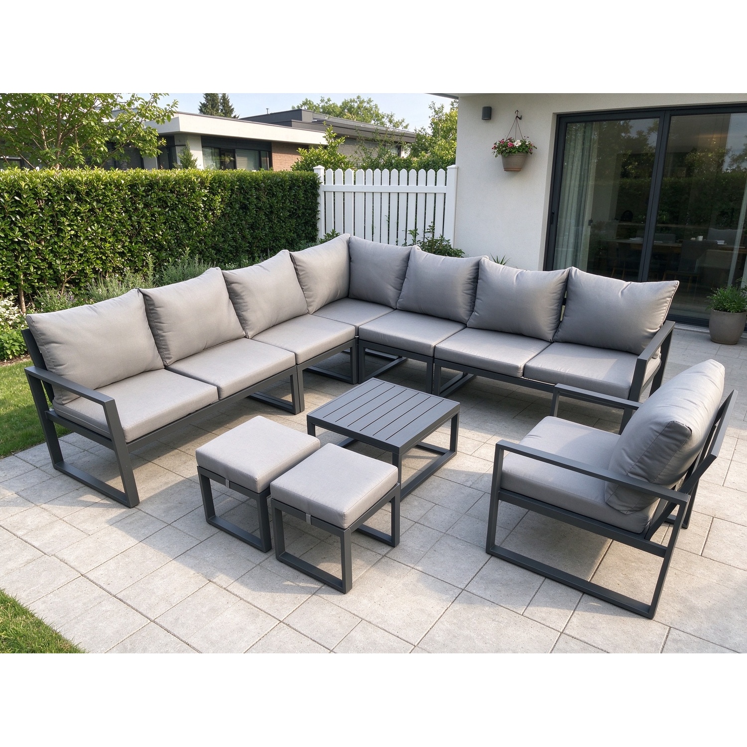 Rackhams Dark/Grey Aluminium Outdoor Garden Furniture Set Lounge Corner Sofa Chair Square Coffee Table Sets With 2 Small Footstools - Image 2