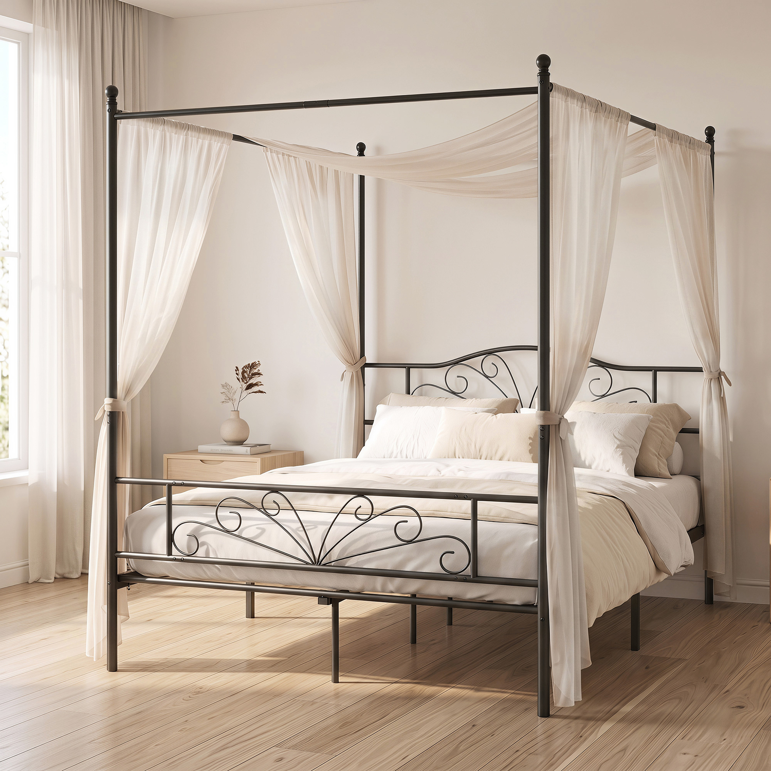 HOMCOM Canopy Bed Frame Double Size, Metal Platform Bed Frame, Black - Image 3