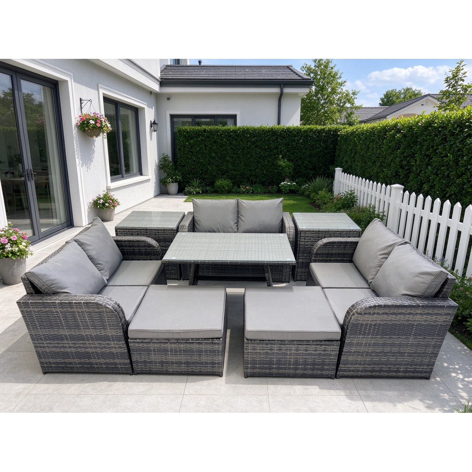 Fimous Outdoor Rattan Garden Furniture Set 8 Seater Patio Love Sofa Set With Rectangular Dining Table 2 Big Footstool 2 Side Tables Dark Grey Mixed - Image 3