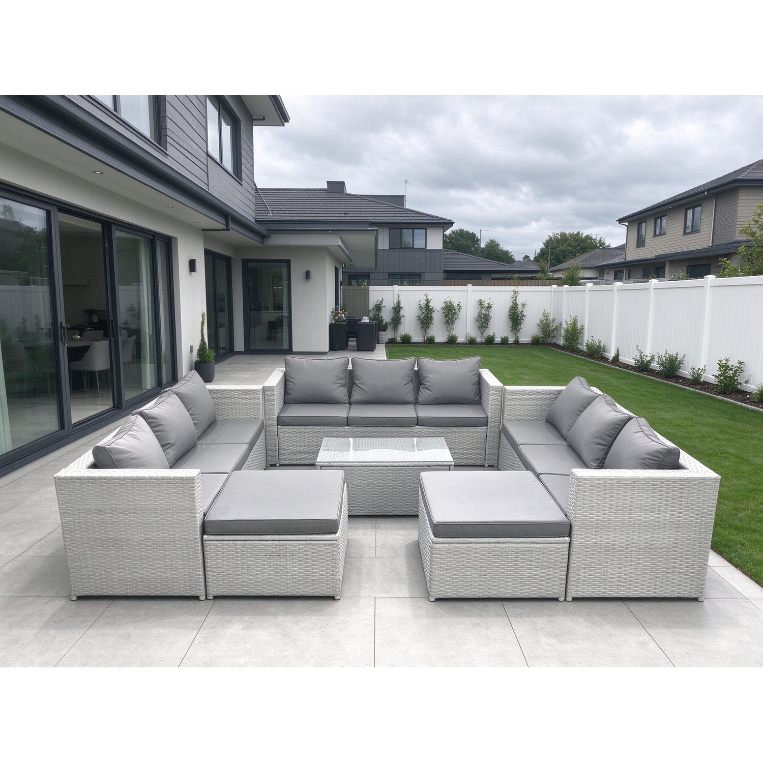 Fimous Light/Grey Rattan Garden Outdoor Furniture Set 11 Seater Garden Sofa Coffee Table Set With 2 Big Footstools Mixed - Image 2