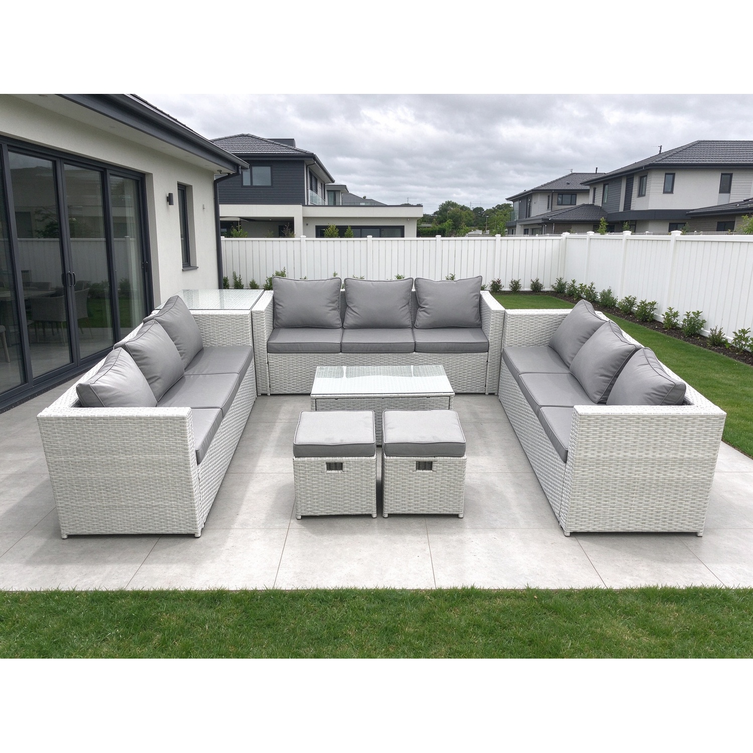 Fimous Light/Grey Rattan Garden Outdoor Furniture Set 11 Seater Garden Sofa Coffee Table Set With 2 Small Footstool Side Table Mixed - Image 2