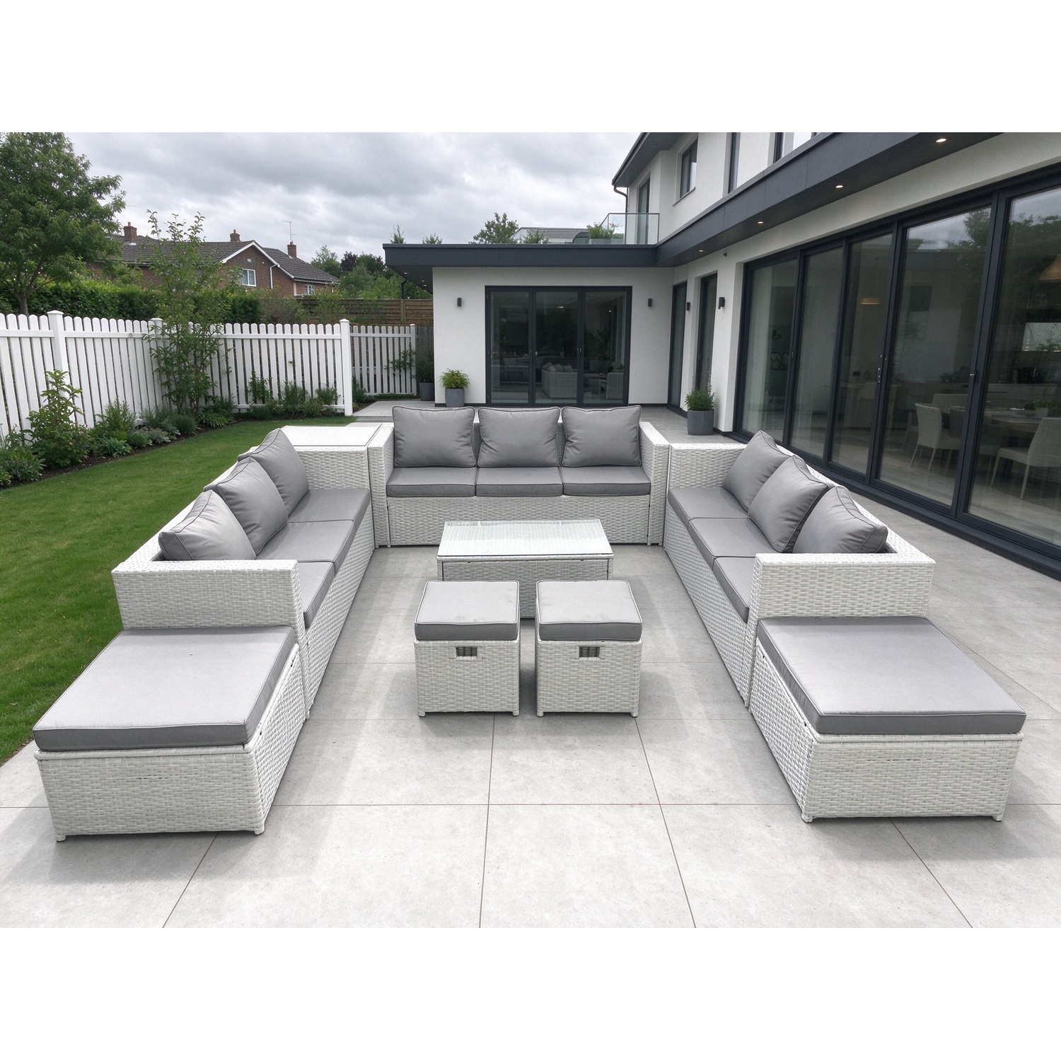 Fimous 9 Pieces Rattan Garden Furniture Set Outdoor Garden Sofa Coffee Table Set With Side Table 4 Footstools Light Grey Mixed - Image 3