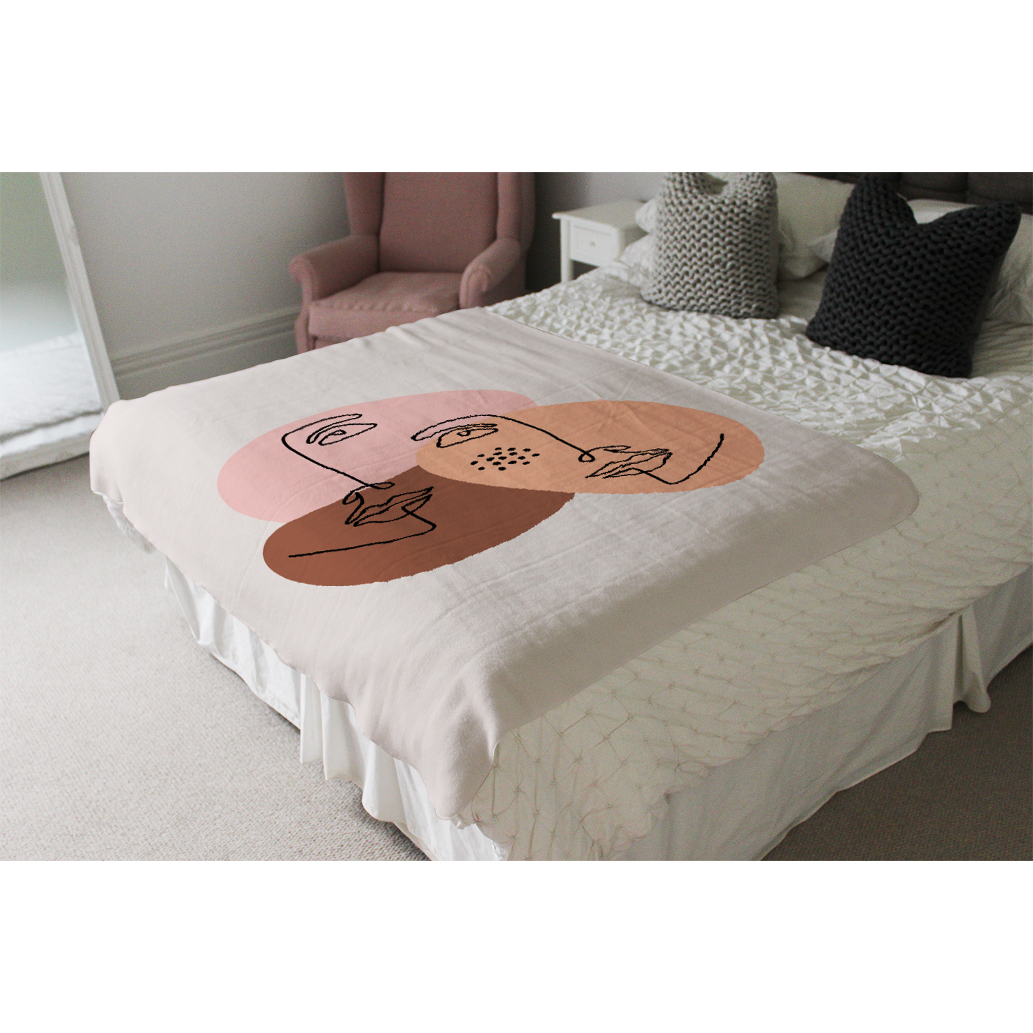 Modern Contemporary Minimalist Woman Portrait Blanket - White