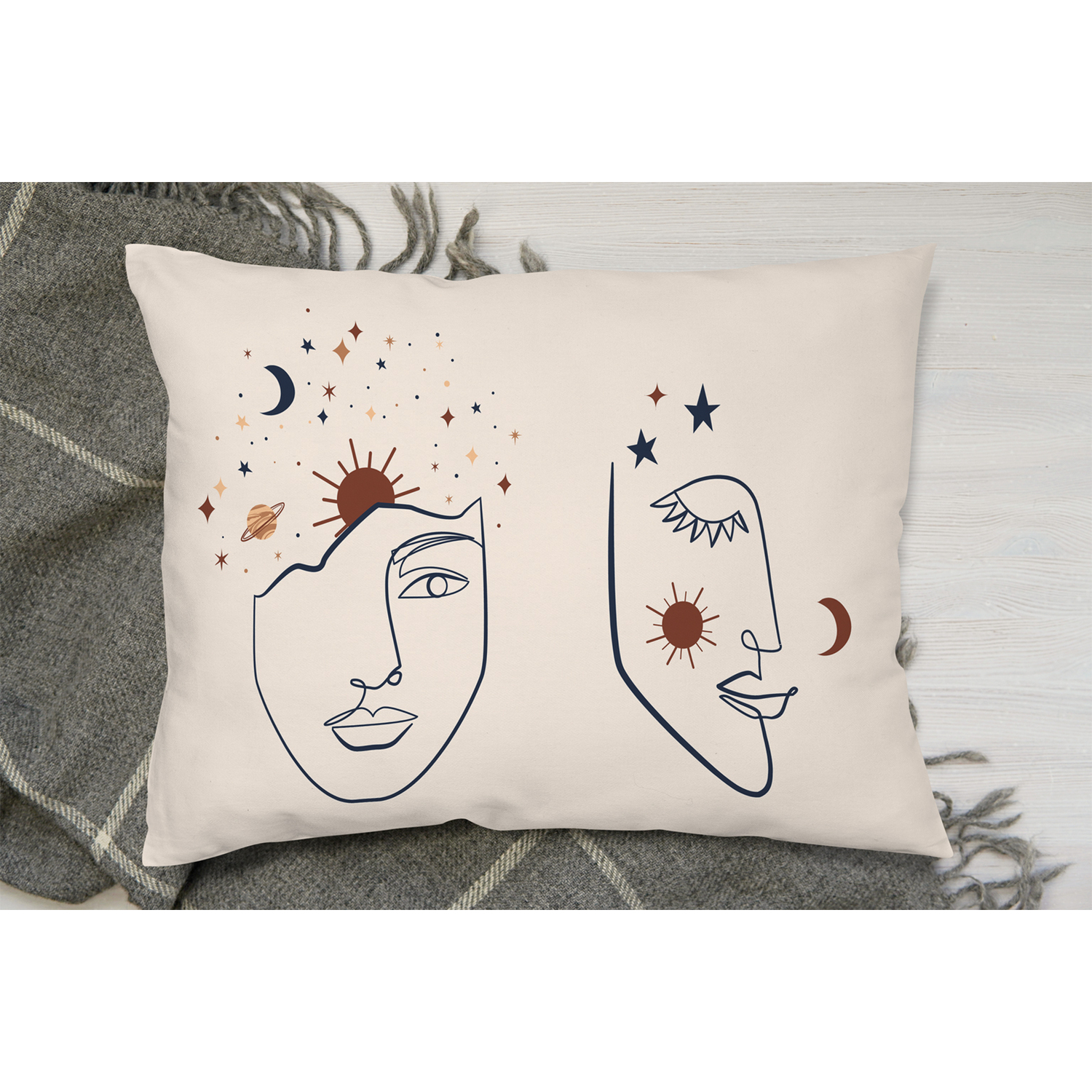 Line Art Illustration With Mystical And Celestial Elements Stylish Cushion - White