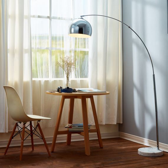 Modern Curved Arc Floor Lamp with Bell Shade and Marble Base, Chrome