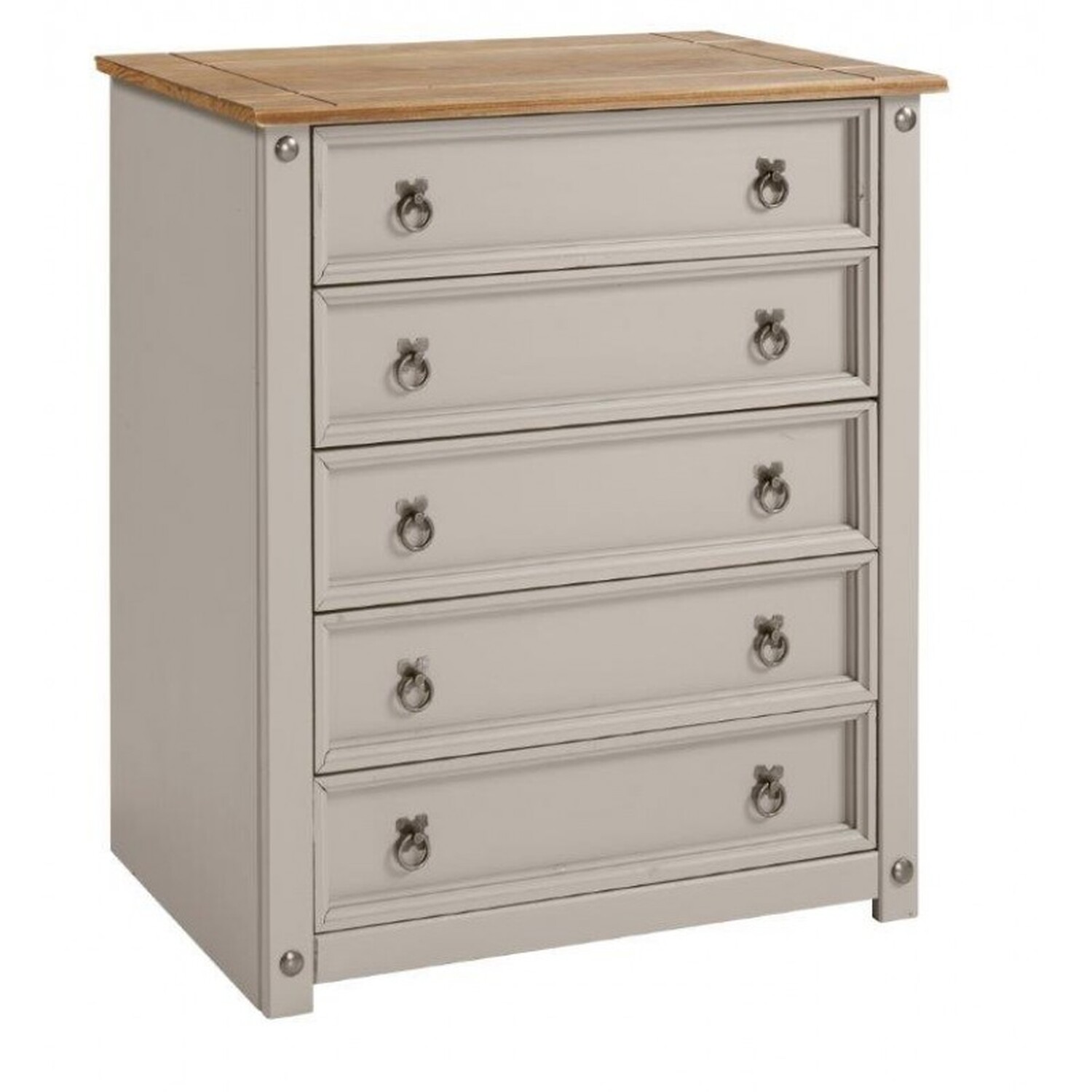 Corona Grey Wax Small 5 Drawer Chest Of Drawers Solid Wood Pine Wooden - Distressed Grey Wax