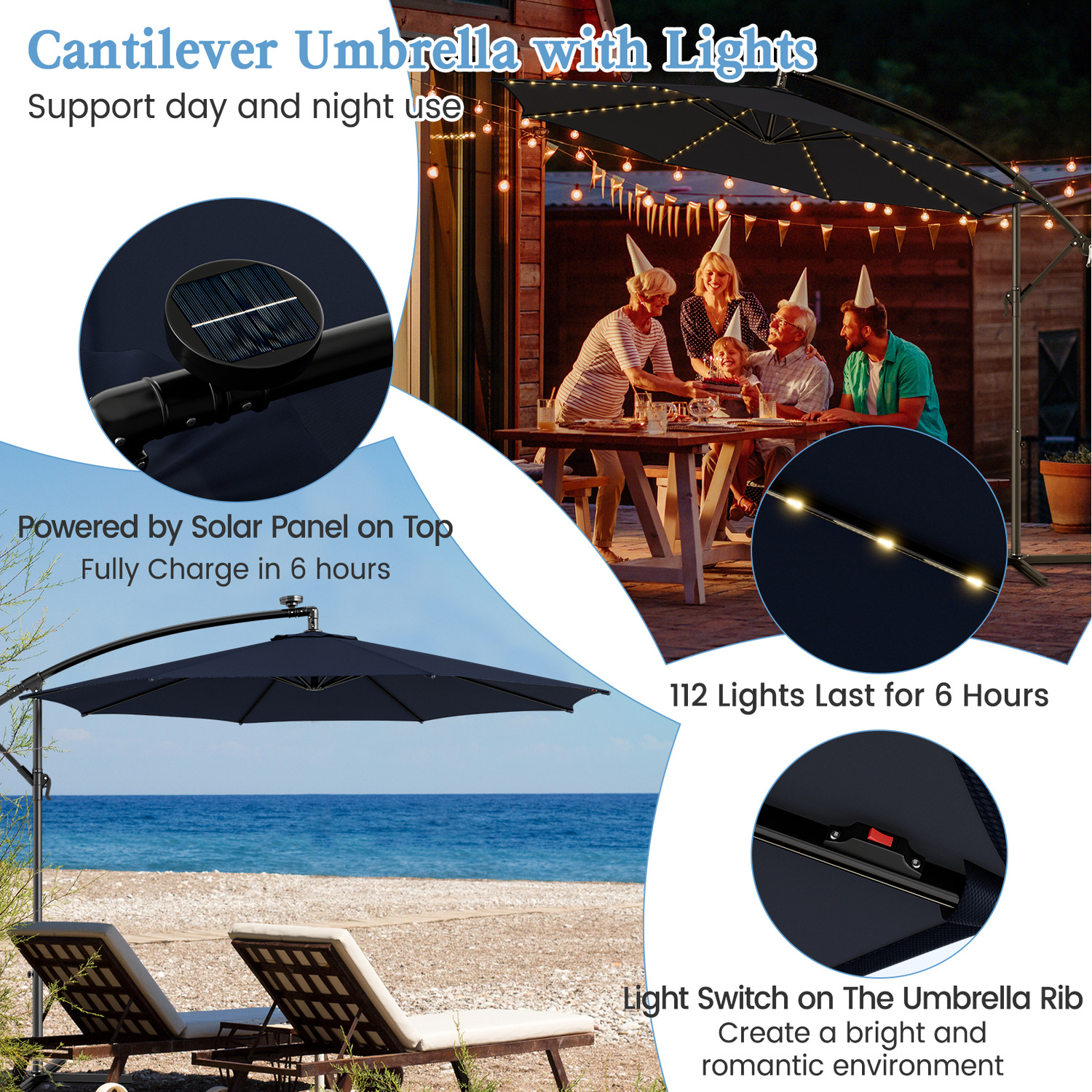 Costway 303 cm Solar-Powered Patio Umbrella Lighted Umbrella