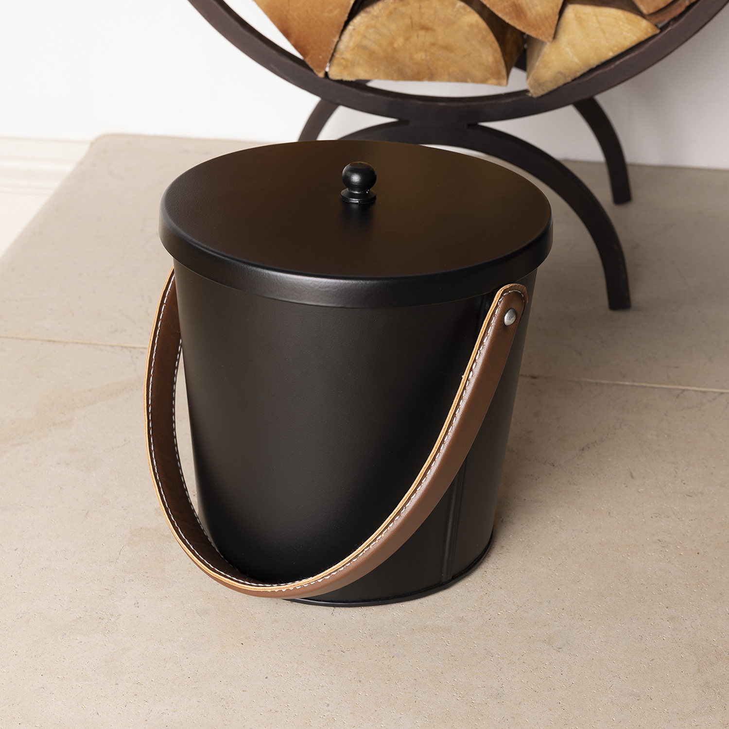 Rustic Ash Bucket Plum Ash Bucket with Leather Handle Matte Iron Traditional Style