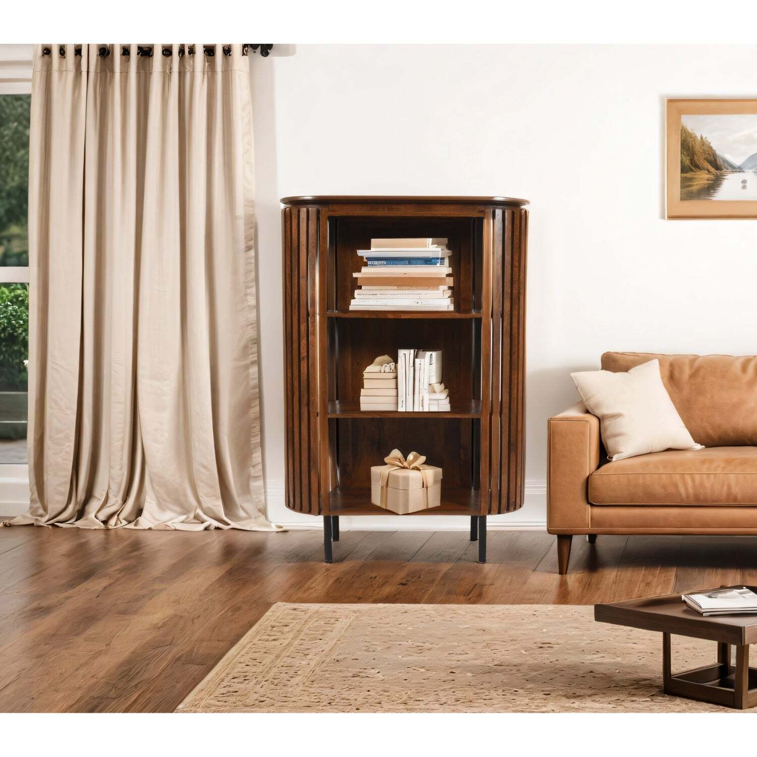 Carney Slatted Mango Wood Bookcase- Medium High - Warm Walnut