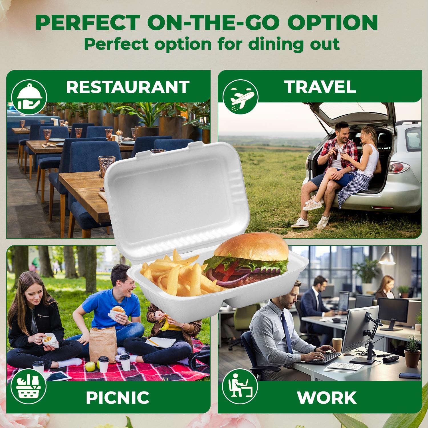 2 Compartment Disposable Bagasse Clamshell Takeaway Boxes