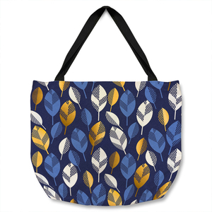 White Blue  Gold Leaves On Navy Tote bag