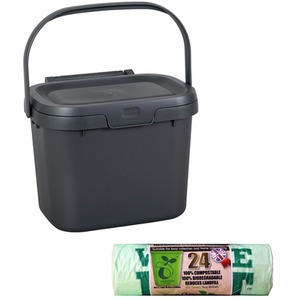 Kitchen Caddy Food Waste Bin With 24 Liners Grey Composting Bin