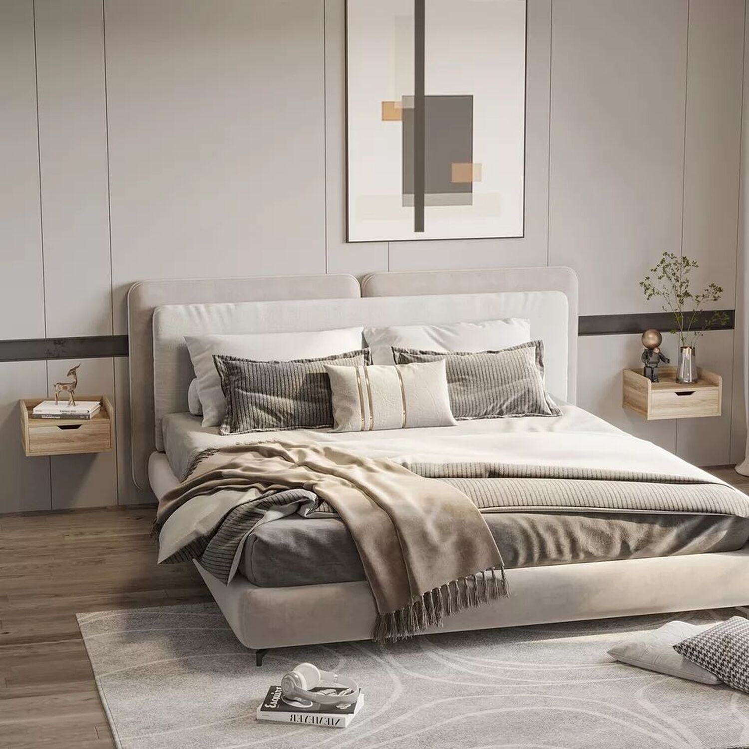 Natural Wood Floating Bedside Tables With Drawers - Natural