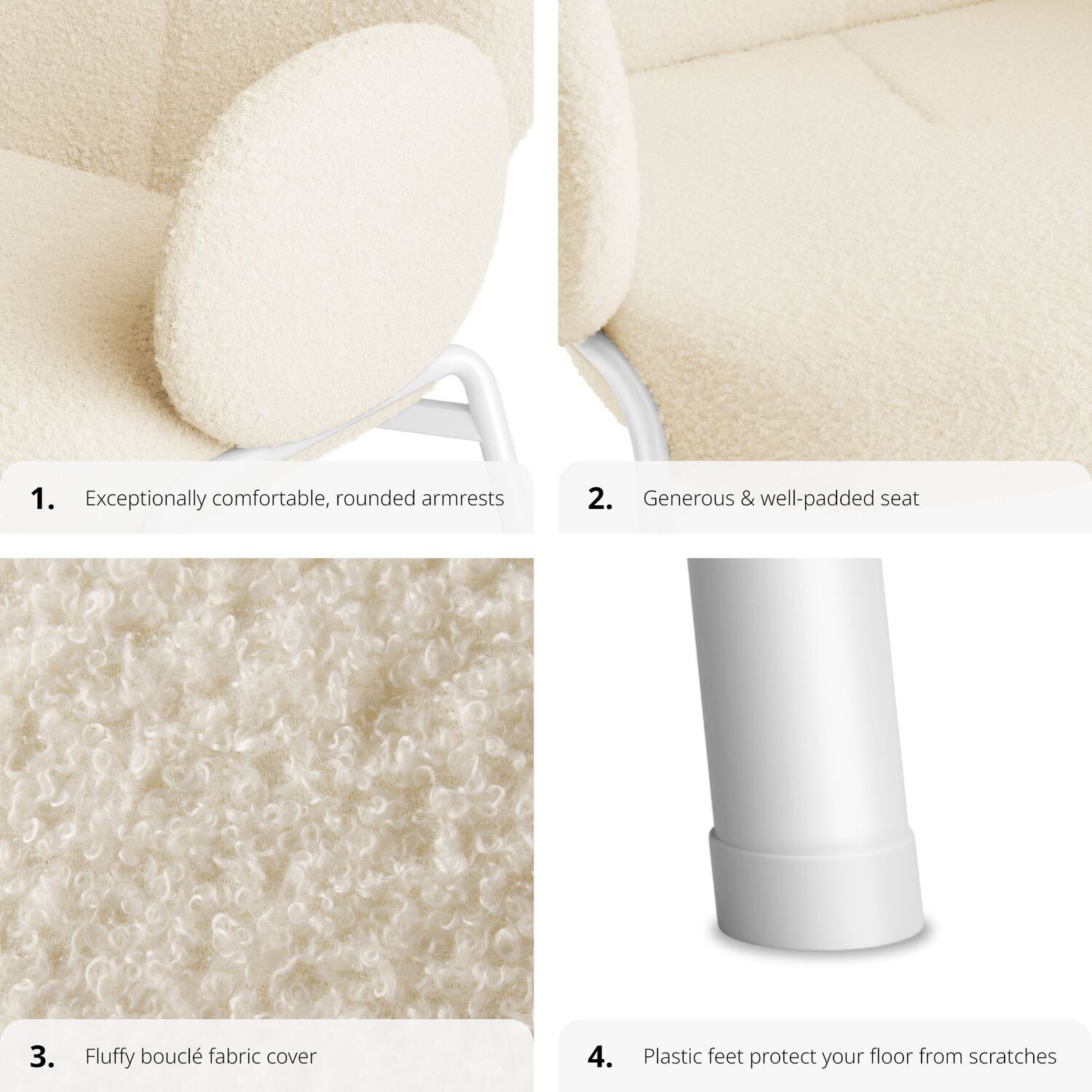Dining Chair Scandi - Padded Boucle Cover High Backrest - Cream 90cm 1