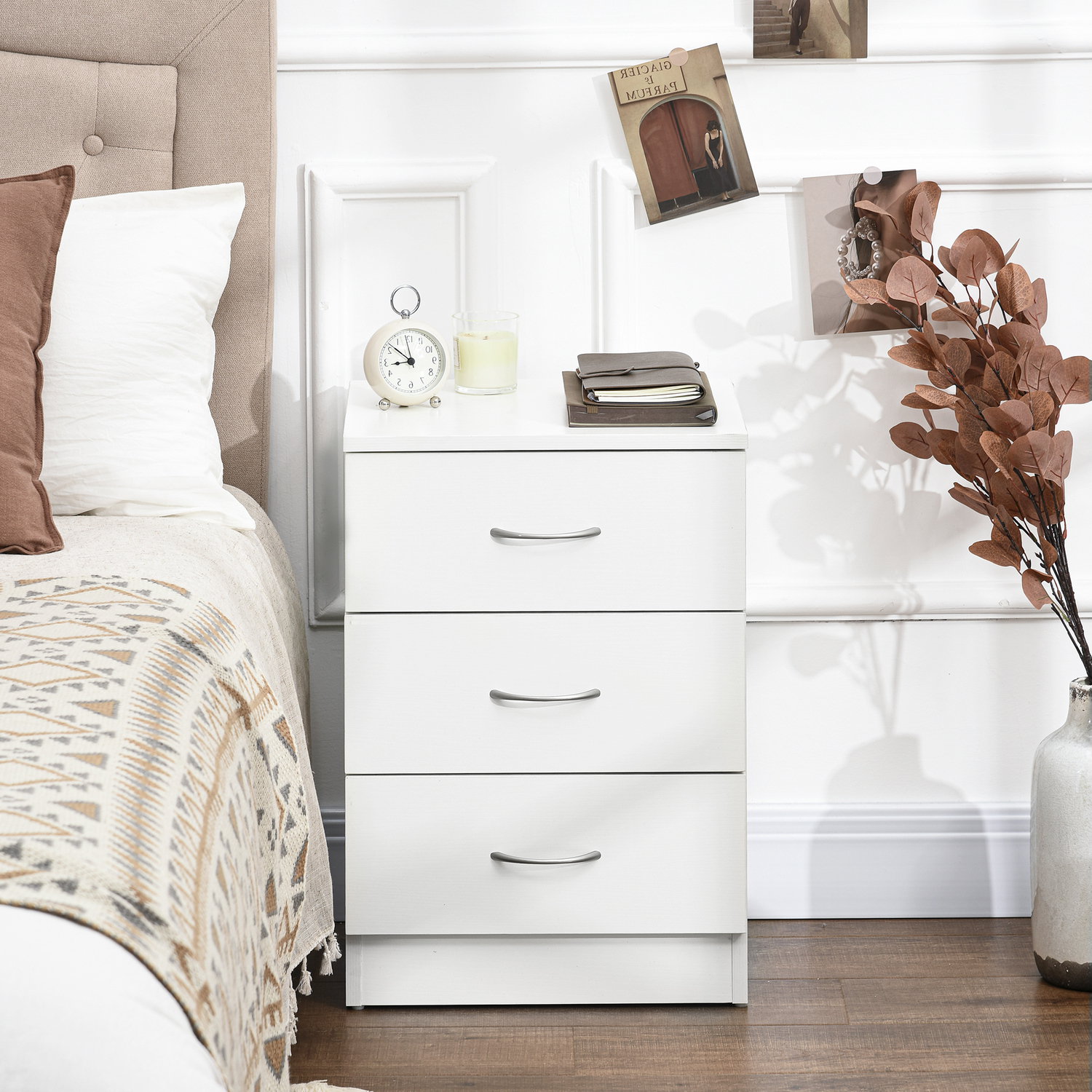 HOMCOM Modern 3-Drawer Side Cabinet – Wooden Bedside Table In White