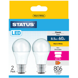 Pack of 2 Status 8.5w=60w LED GLS B22 Pearl Bulbs