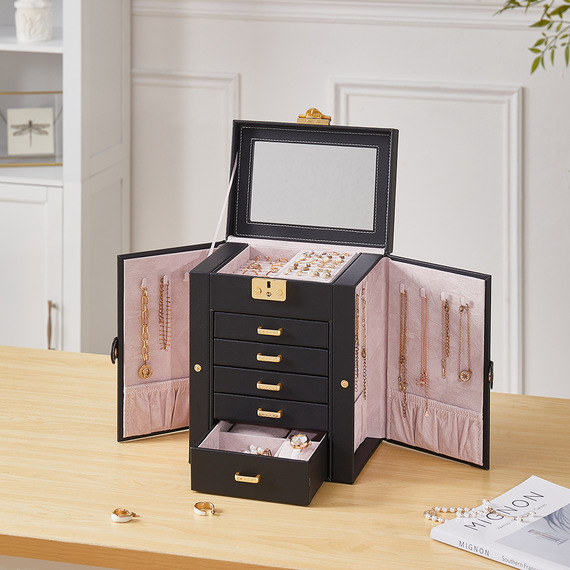 Faux Leather Large Jewellery Storage Box with Mirror