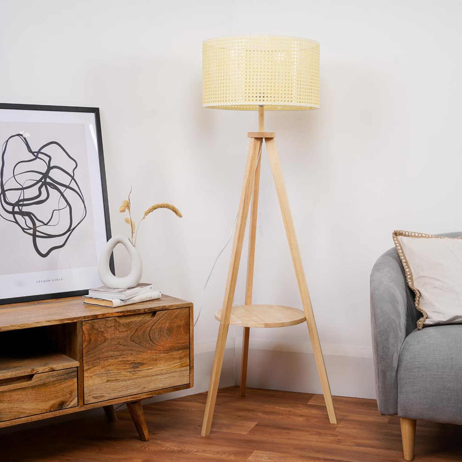 Image of Morrigan Wood Tripod Floor Lamp with&hellip;