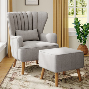 Linen Wing Back Armchair with Cushion and Footstool