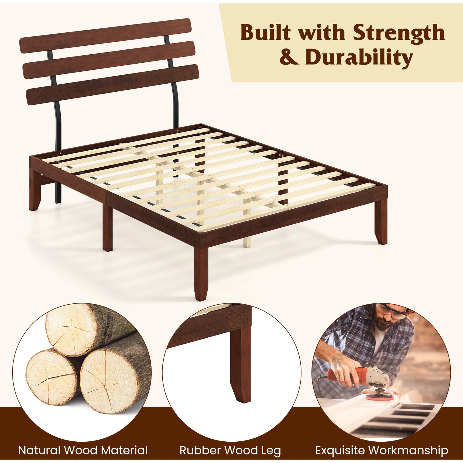 Solid Wood Platform Bed With Retro Headboard - Brown King