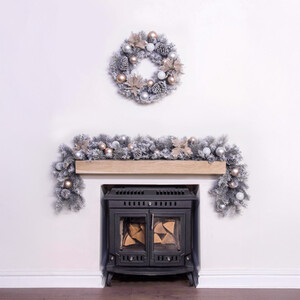 Decorated Silver Mixed Pine Garland with Rose Gold Poinsettia