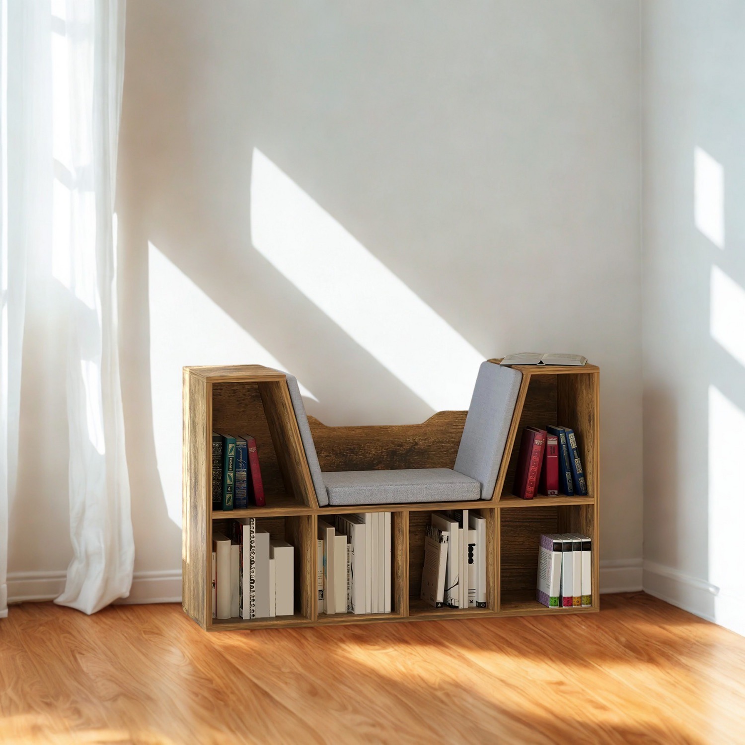Modern Bookcase Storage Cabinet With Reading Seat - Rustic Brown