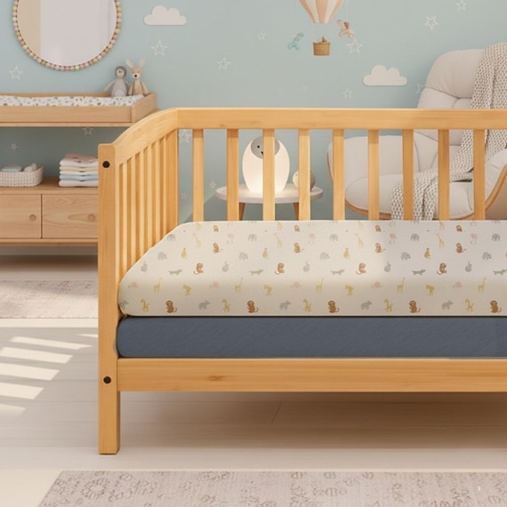 Baby Cot Fitted Sheet Denim Blue and Animal Print - Pack of 2