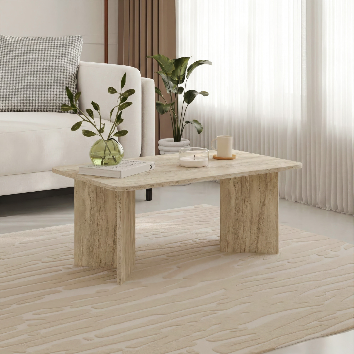 Modern Radius Coffee Table Rectangular Centre Table - Travertine