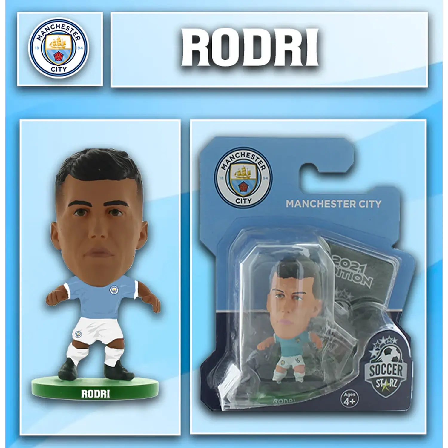 SoccerStarz Man City Rodri - Home Kit Classic Kit 5cm Figure - Turquoise