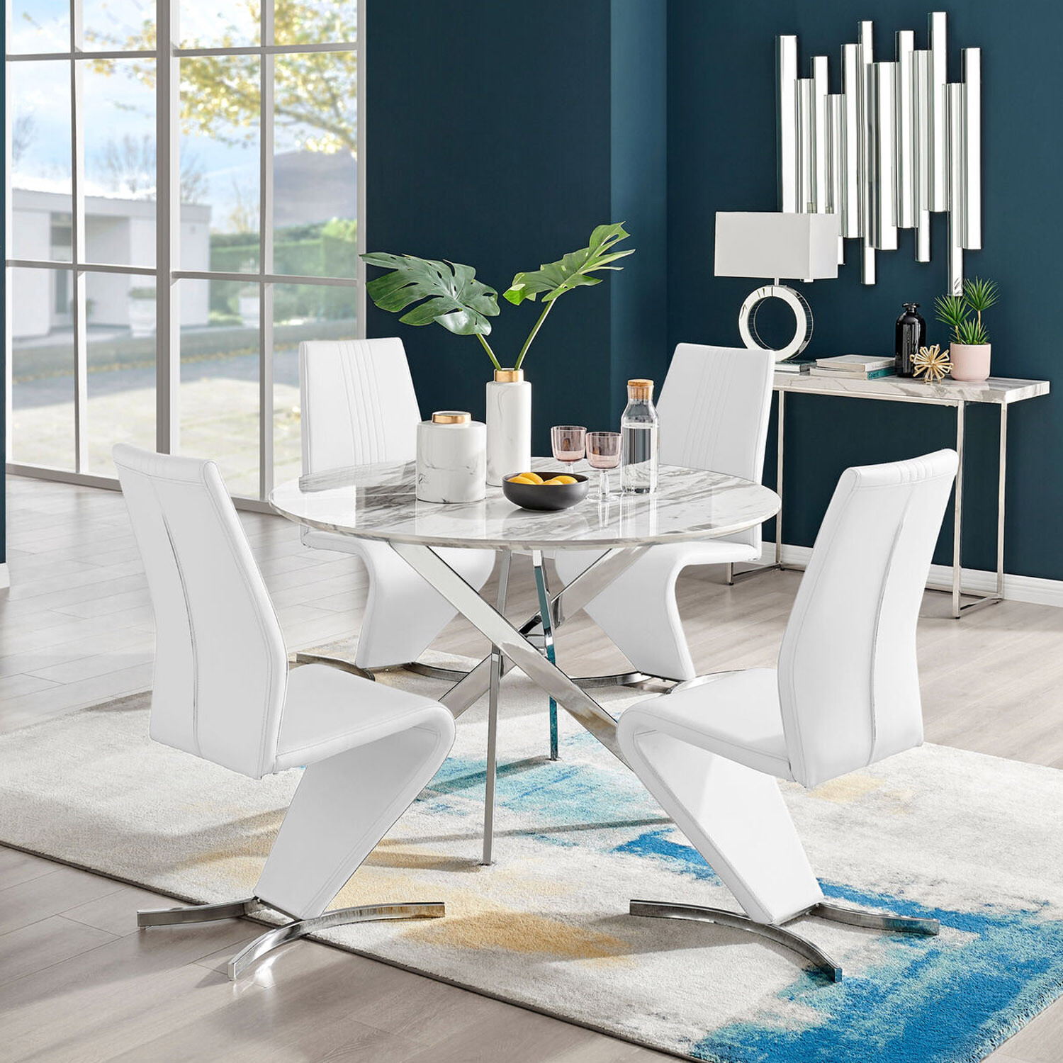 Novara White Marble Effect 120cm Dining Table 4 Willow Chairs - White