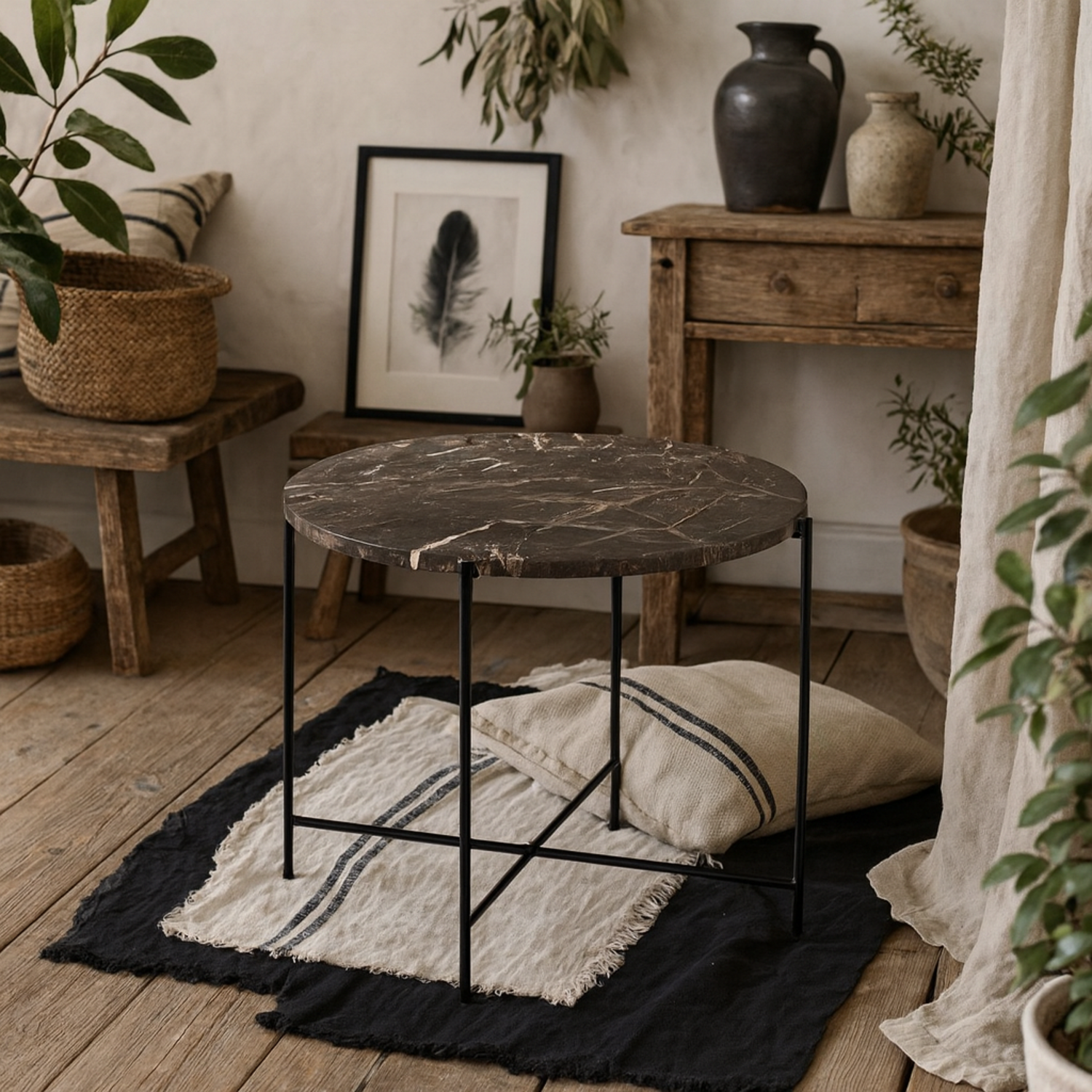Verona Round Emperador Marble Side Table - Black