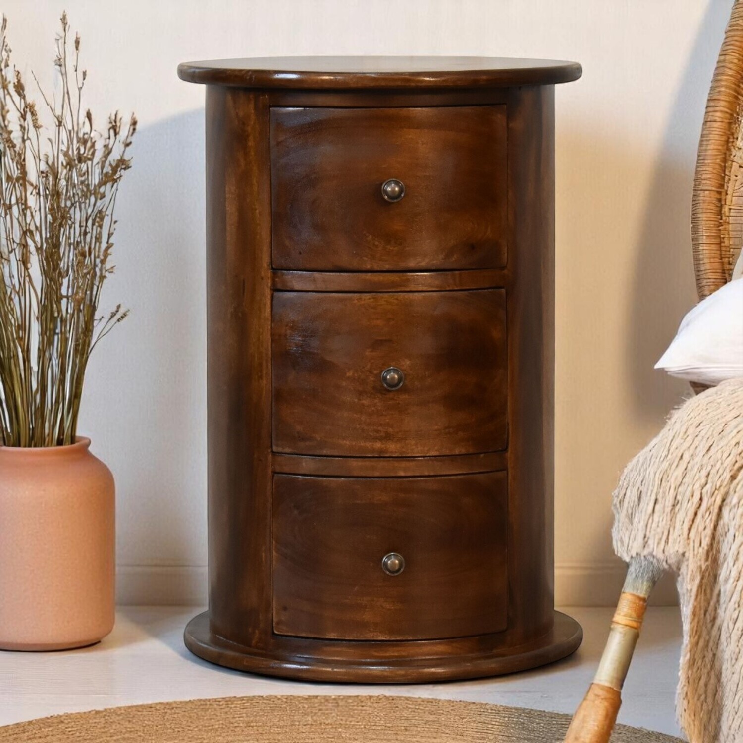Solid wood 3 Drawer Chestnut Drum - Brown