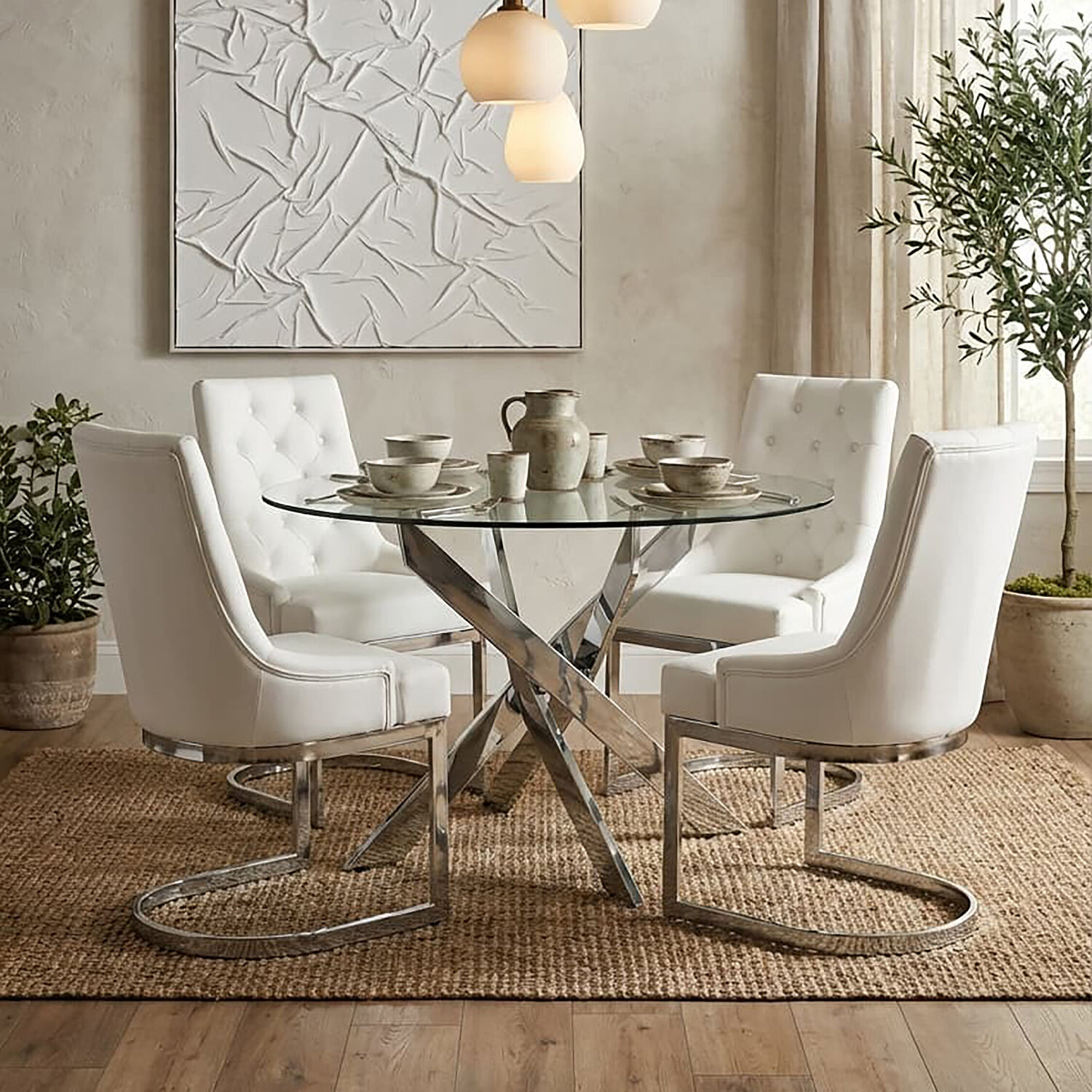 Allure Round Dining Table with Chrome Intersected legs - Silver