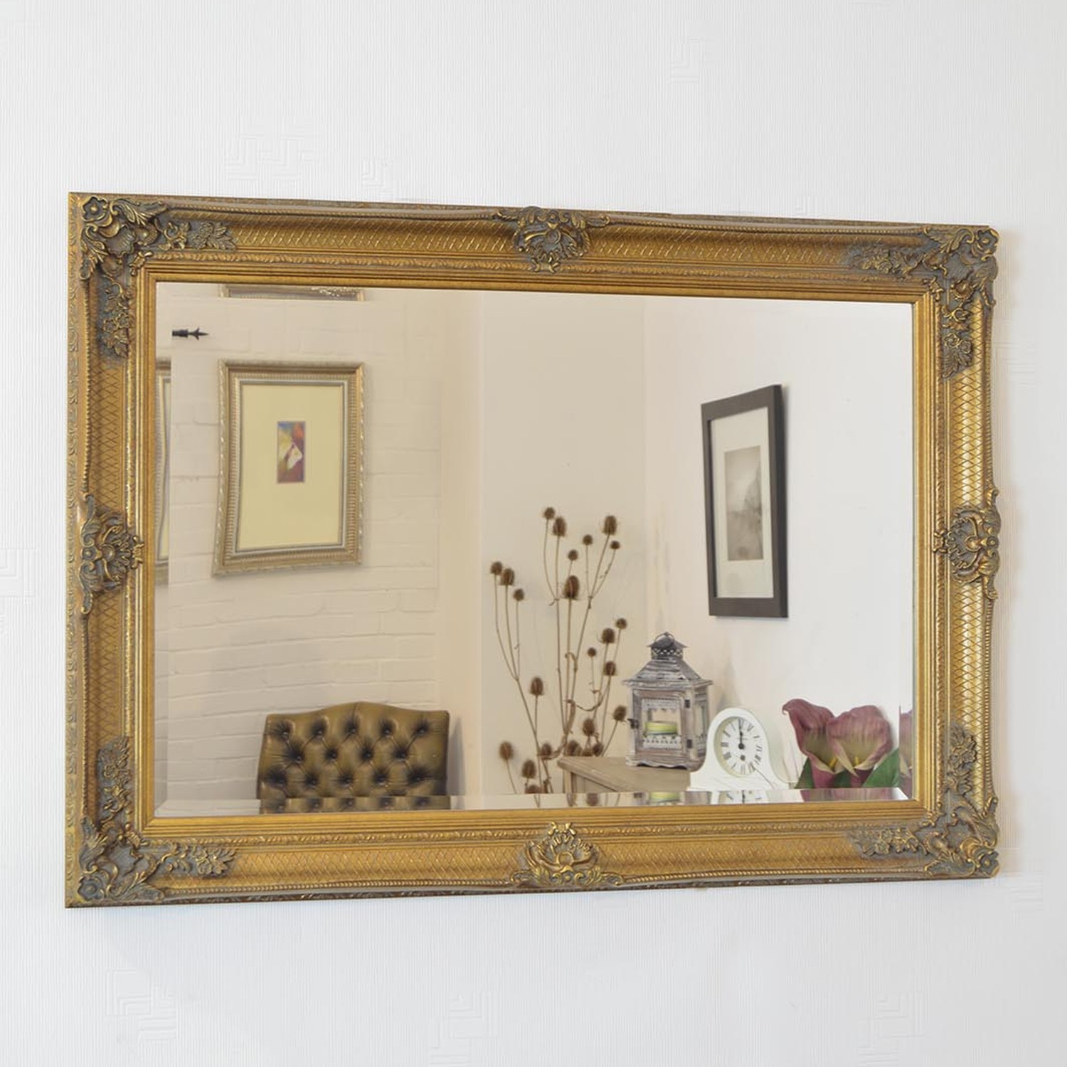 MirrorOutlet Abbey Gold Antique Style Rectangle Wall Mirror 110 X 79cm - Gold