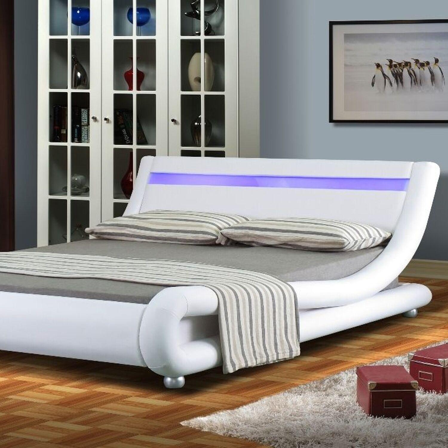 Italian Designer Faux Leather LED Bed Frame In White - White / King