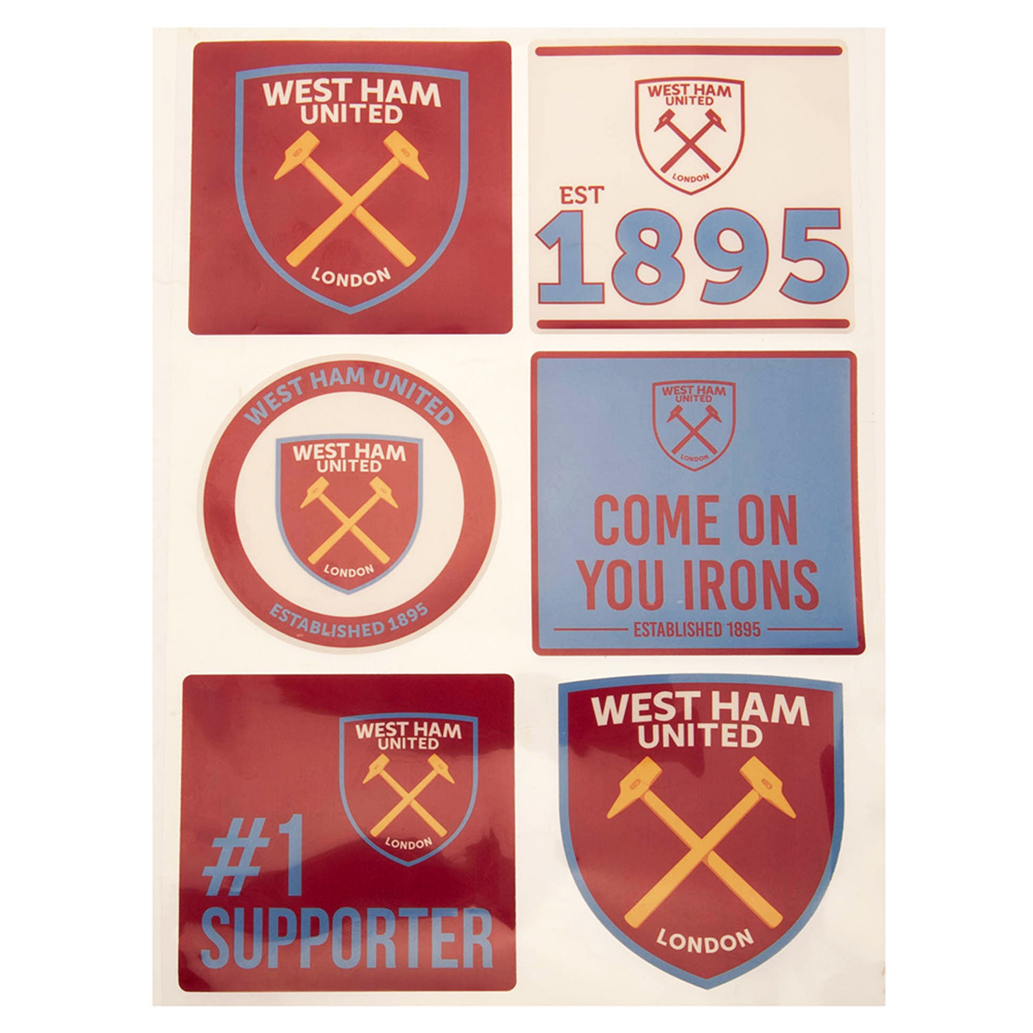 West Ham United Fc Assorted Designs Car Decal Set (Pack Of 6) - Claret Red/Sky Blue