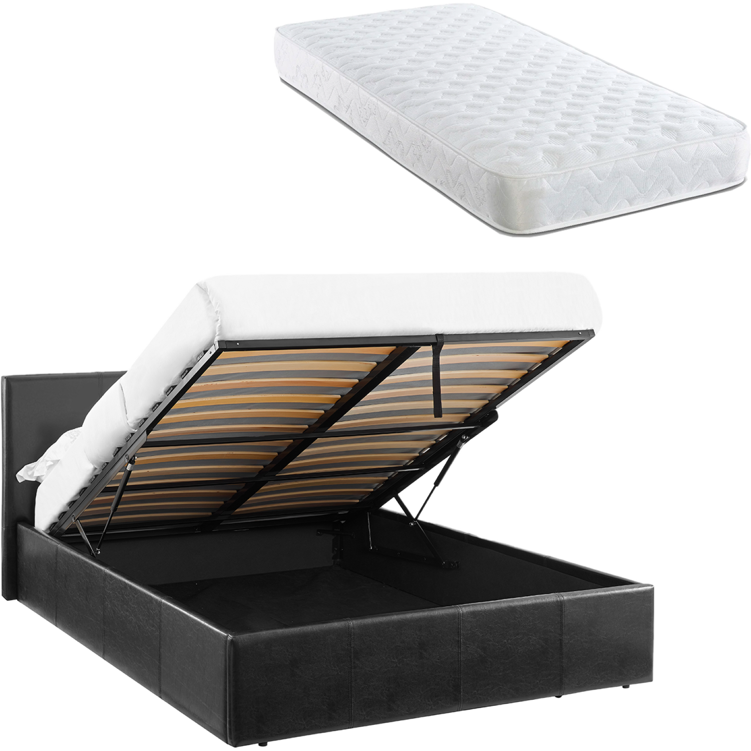 Luna 3Ft Single Ottoman Bed Black Faux Leather + 15Cm Memory Foam - Black