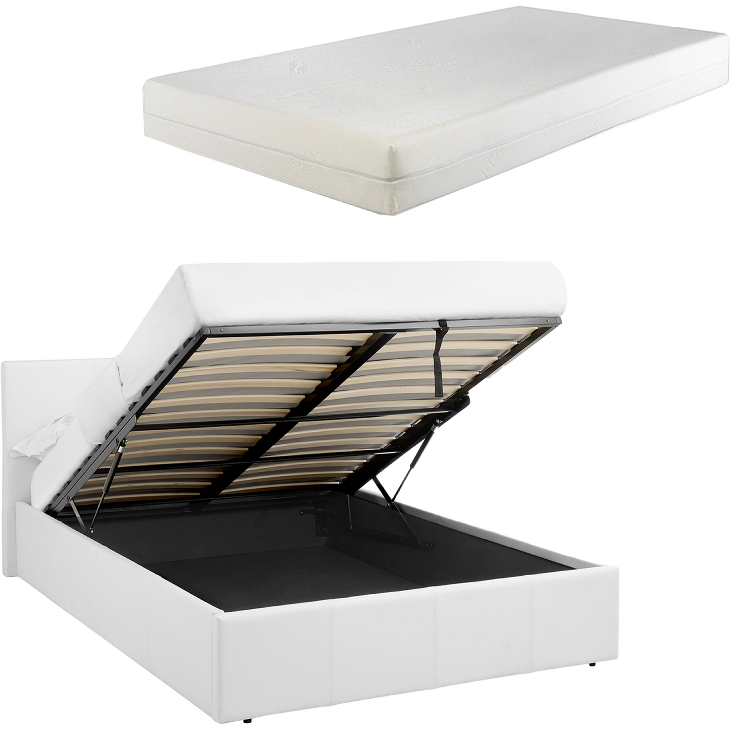 Luna 4Ft Small Double Ottoman Bed White Faux Leather + 15Cm Memory Foam - White