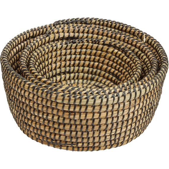 Lidi Set Of Three Straw Baskets With Black Detail