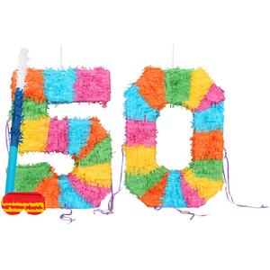50th Birthday Pinata Set with Stick & Blindfold - Blue Stick