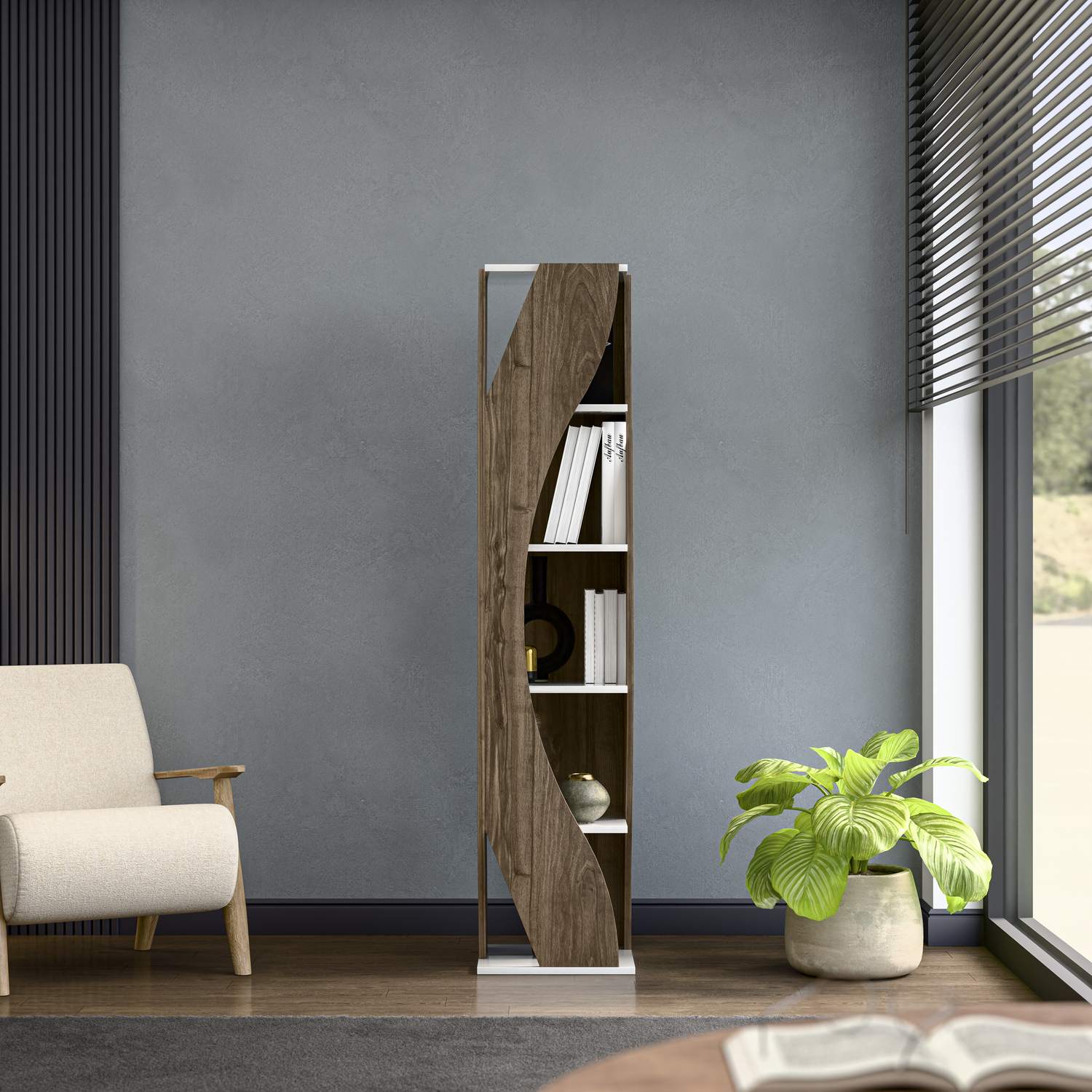 Decorotika Reva Corner Bookcase - Walnut And White