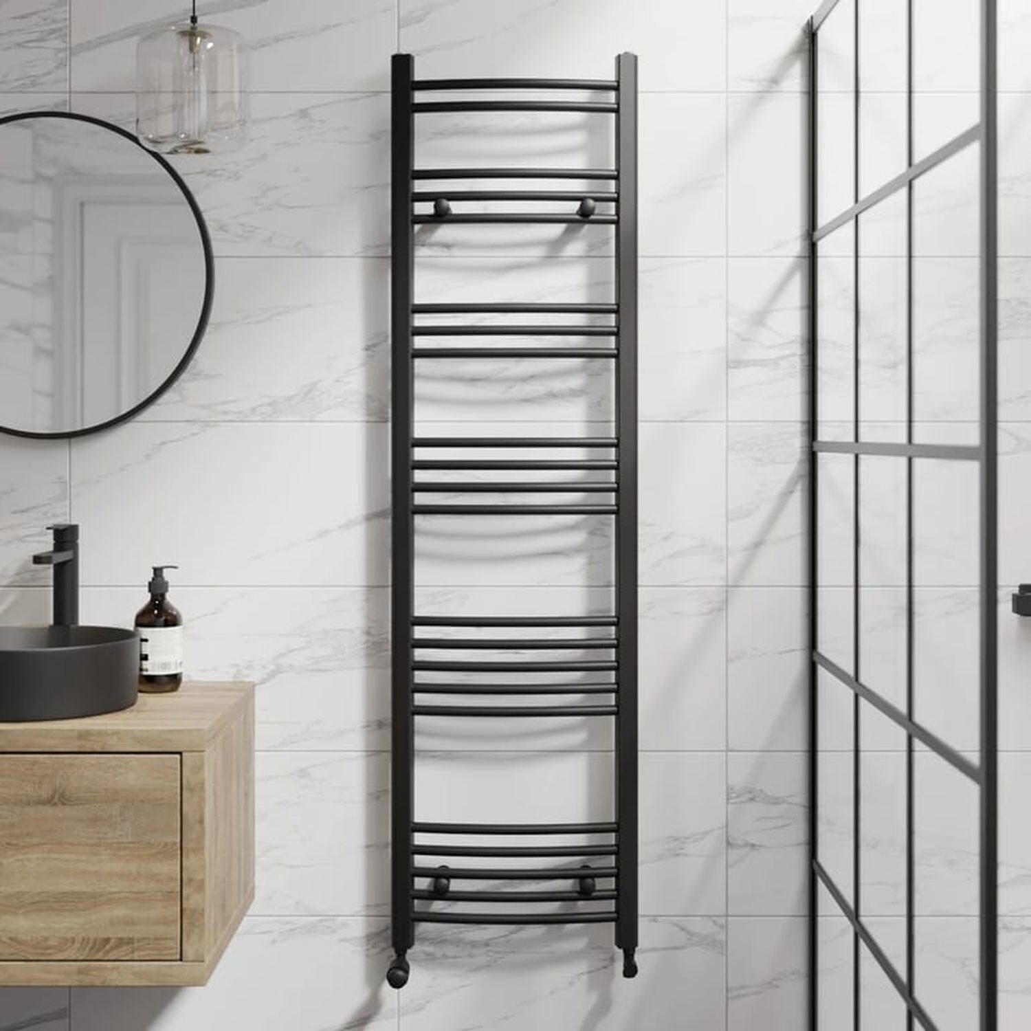 Temprazo 1200 X 450Mm Curved Bar Heated Towel Radiator - Brushed Brass - Black / 1600Mm