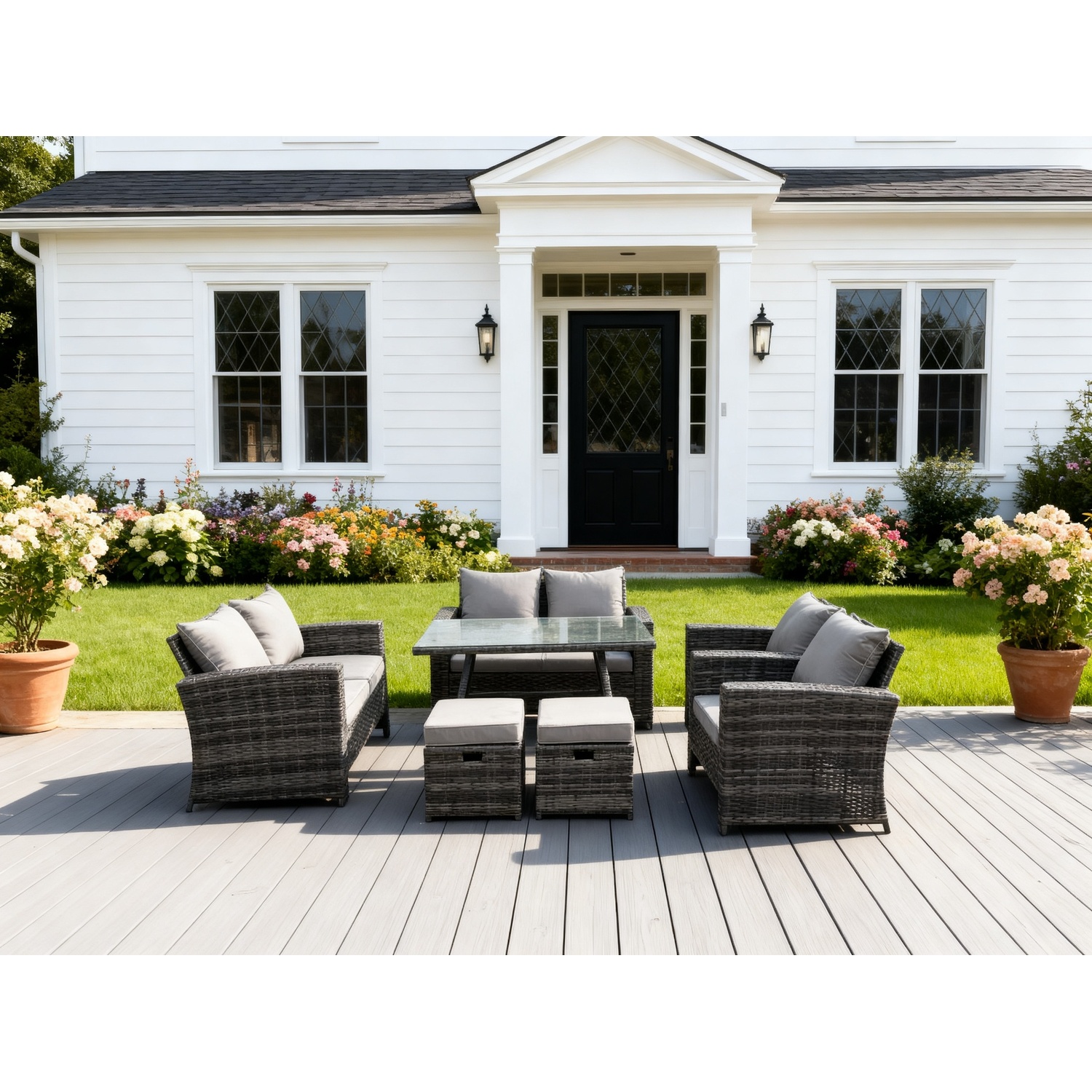Fimous Unisex Dark Grey Seater Outdoor High Back Rattan Sofa Dining Table Set Garden Furniture Love Sofa Chair 2Stools Size 8 - Image 2