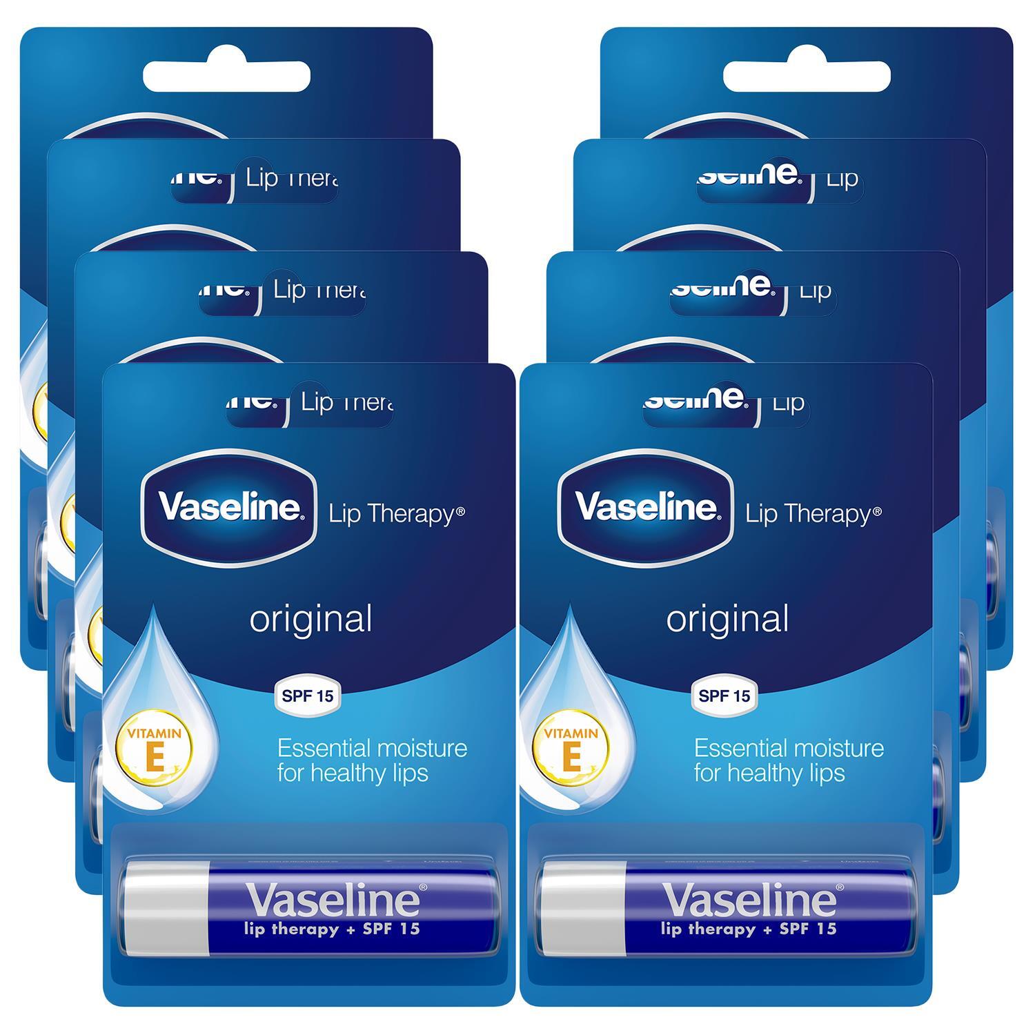 Vaseline Lip Therapy Balm Sticks, Original 4Gm Hydrating Lip Care Balm, 8 Pack - White