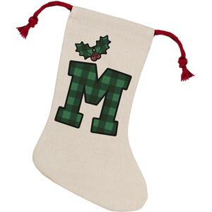 Green Tartan Alphabet Letter M Stocking - Novelty Xmas Gift - Linen-Style With Red Drawstring Ties