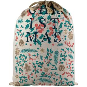 Christmas Foliage Santa Sack - Large Linen-Style Xmas Gift Bag with Drawstring