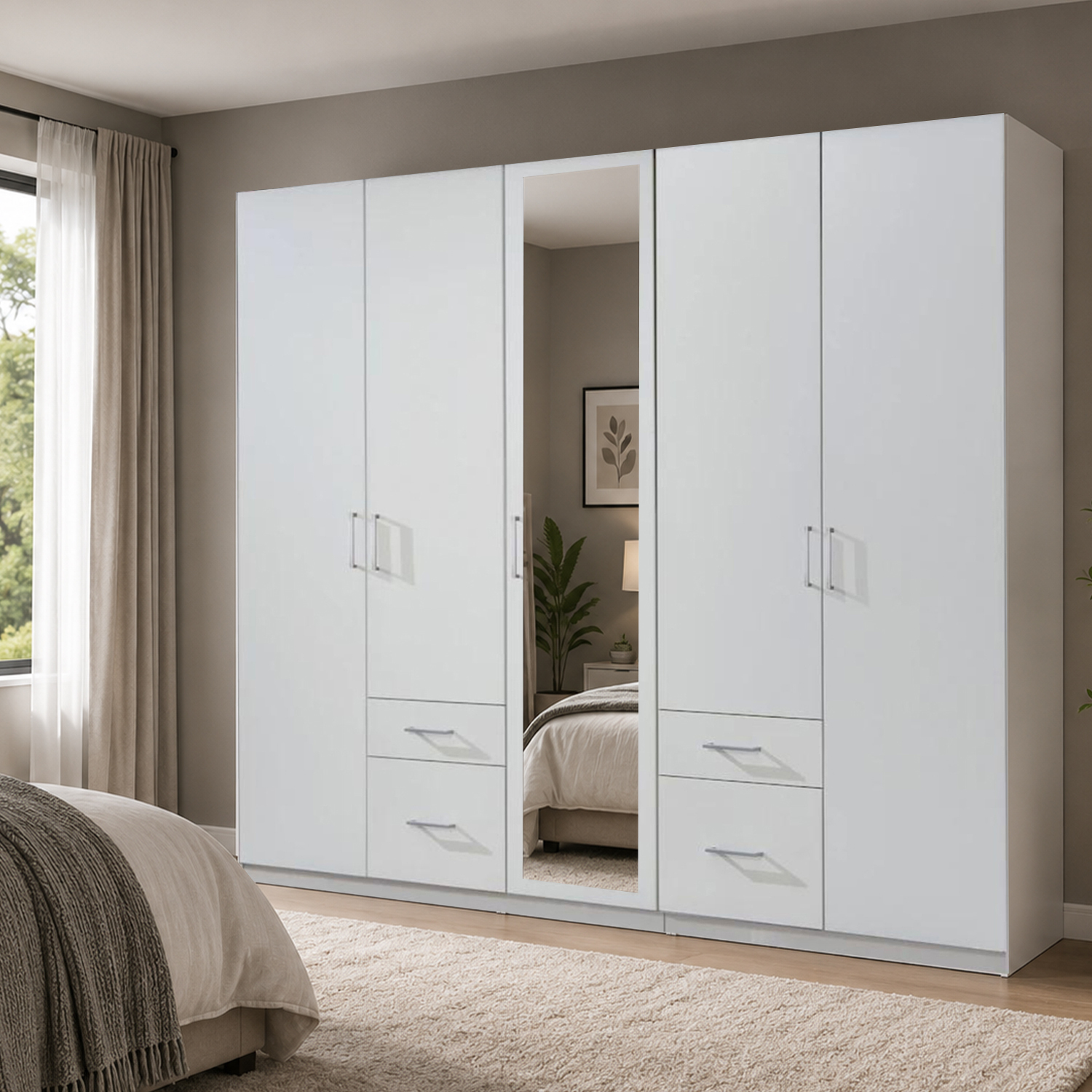 Kdmd Fly White 5 Door 225Cm Wardrobe With Mirror And 4 Drawers - White