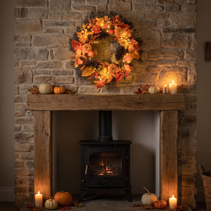 26in Prelit Fireside Autumn Wreath with Warm White Battery Operated LED Lights